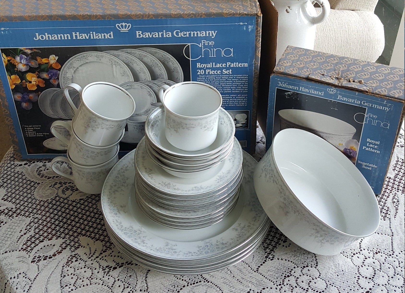 Haviland China Set for 8 Johann Haviland Royal Lace Dinnerware Set 55 Piece Bavaria Germany White blue Lavender Floral Platinum Trim Wedding - China Set ClassyTea