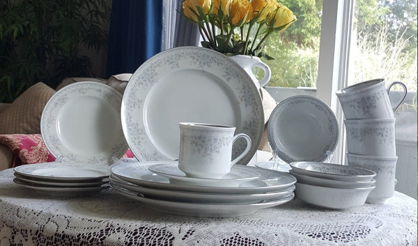 Haviland China Set for 8 Johann Haviland Royal Lace Dinnerware Set 55 Piece Bavaria Germany White blue Lavender Floral Platinum Trim Wedding - China Set ClassyTea