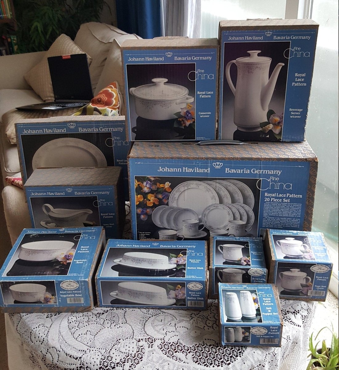 Haviland China Set for 8 Johann Haviland Royal Lace Dinnerware Set 55 Piece Bavaria Germany White blue Lavender Floral Platinum Trim Wedding - China Set ClassyTea