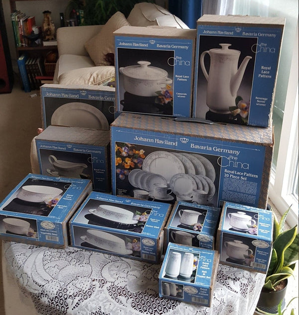 Haviland China Set for 8 Johann Haviland Royal Lace Dinnerware Set 55 Piece Bavaria Germany White blue Lavender Floral Platinum Trim Wedding - China Set ClassyTea