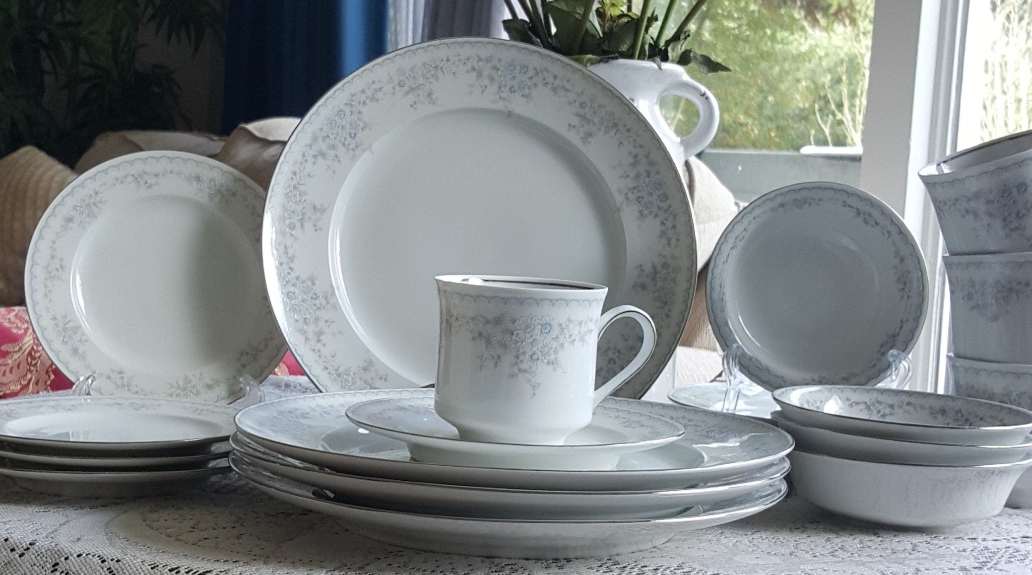 Haviland China Set for 8 Johann Haviland Royal Lace Dinnerware Set 55 Piece Bavaria Germany White blue Lavender Floral Platinum Trim Wedding - China Set ClassyTea
