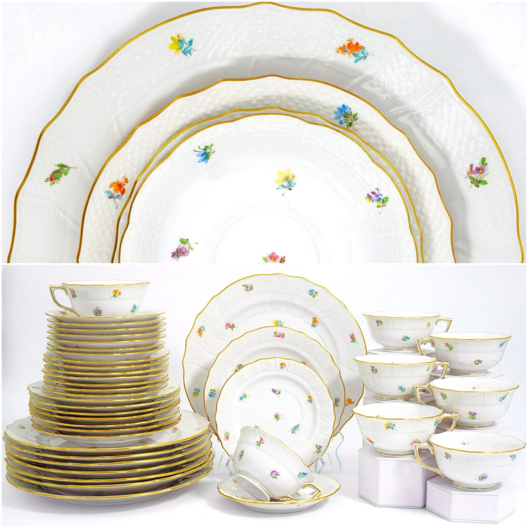 Herend Herend Kimberley China Set for 8 | 24k Gold Gilded 40pc Bone China Floral Dinner Plates Wedding Gift for Anniversary Wife Gift China Cabinet - China Set ClassyTea