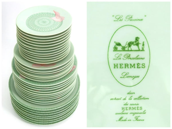 Hermes Vintage Hermes China Set | 36pc Celadon Sage Green & Pink Dinner Plates Vintage China Wedding Gift for Anniversary Wife Gift China Cabinet - China Set ClassyTea