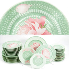 Hermes Vintage Hermes China Set | 36pc Celadon Sage Green & Pink Dinner Plates Vintage China Wedding Gift for Anniversary Wife Gift China Cabinet - China Set ClassyTea