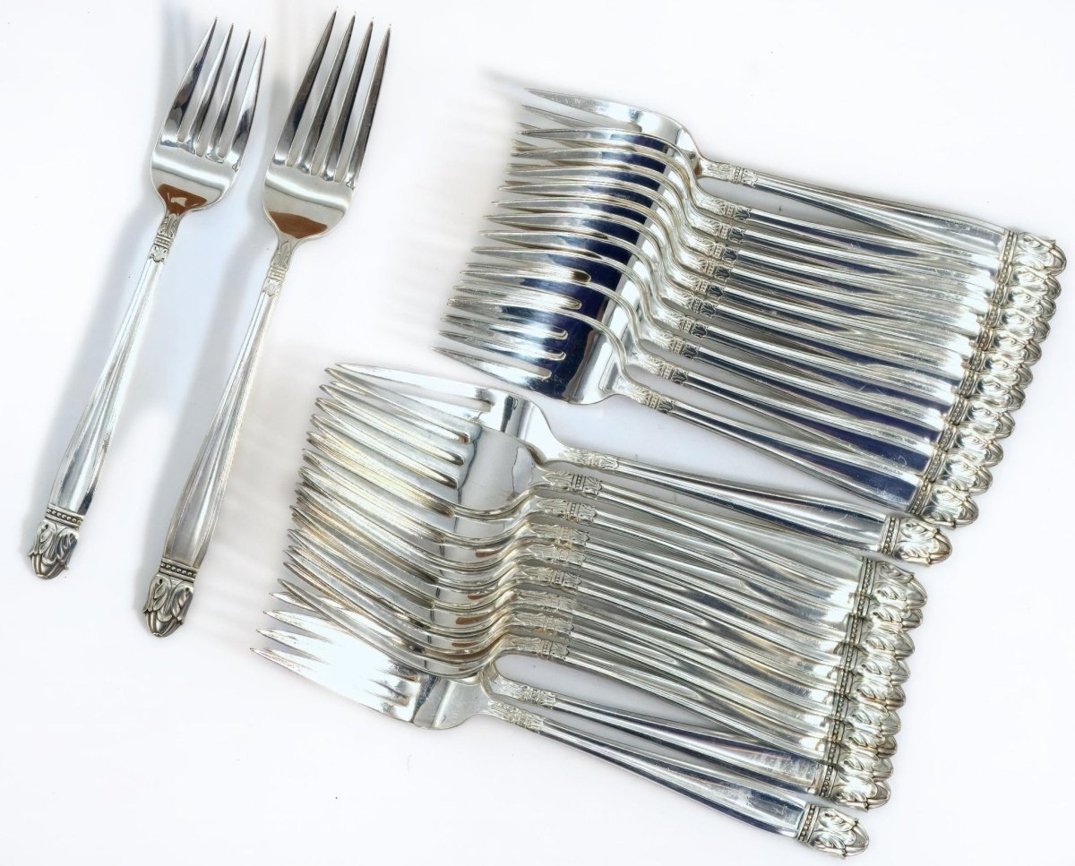 Holmes and Edwards Danish Princess Vintage Silver Plate Flatware Set 88 Piece Complete Silver Plate Set for 12 Silverware 25th Anniversary Gift for Wife Scandi - Silverplated Flatware Set ClassyTea