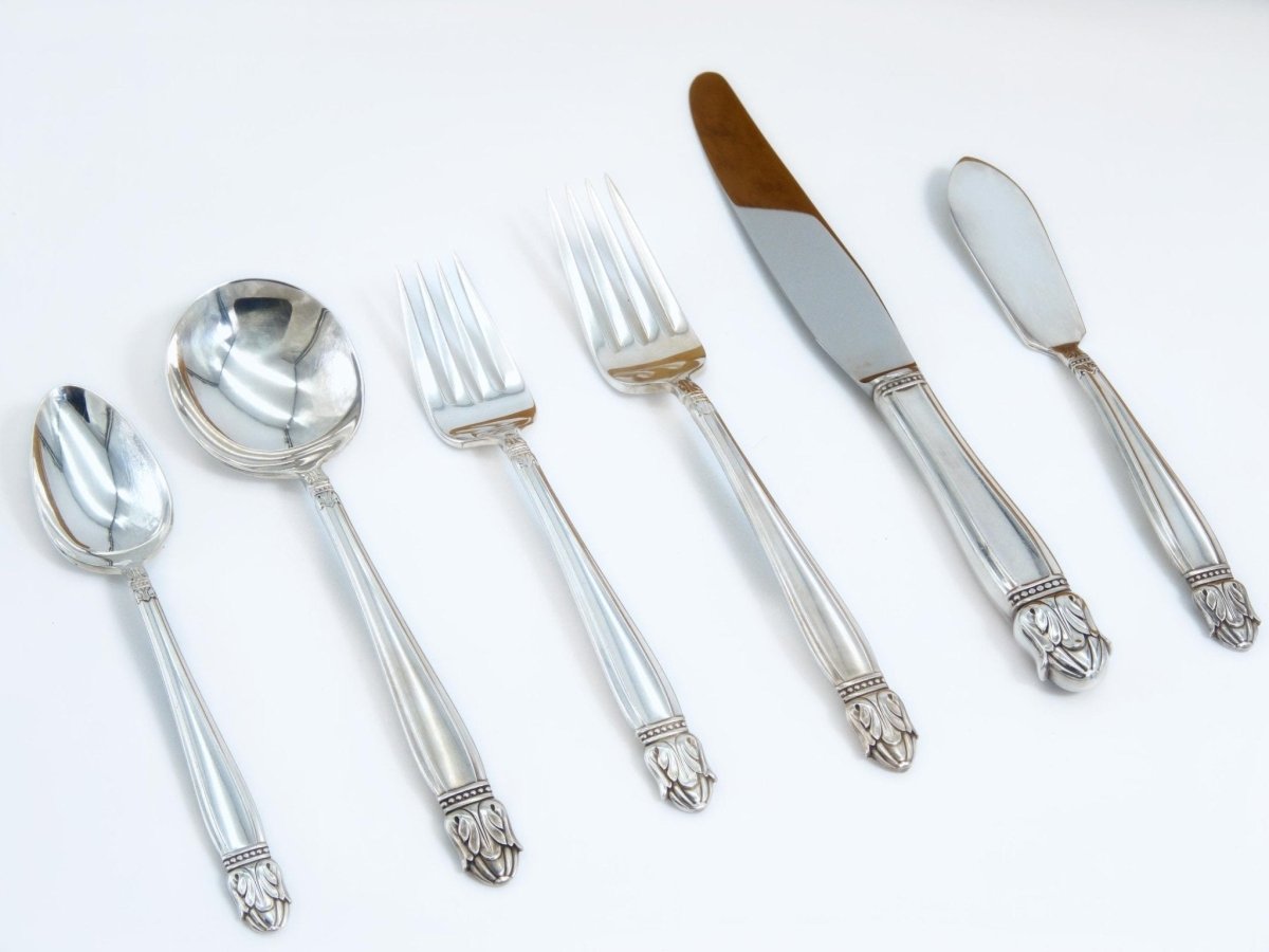 Holmes and Edwards Danish Princess Vintage Silver Plate Flatware Set 88 Piece Complete Silver Plate Set for 12 Silverware 25th Anniversary Gift for Wife Scandi - Silverplated Flatware Set ClassyTea
