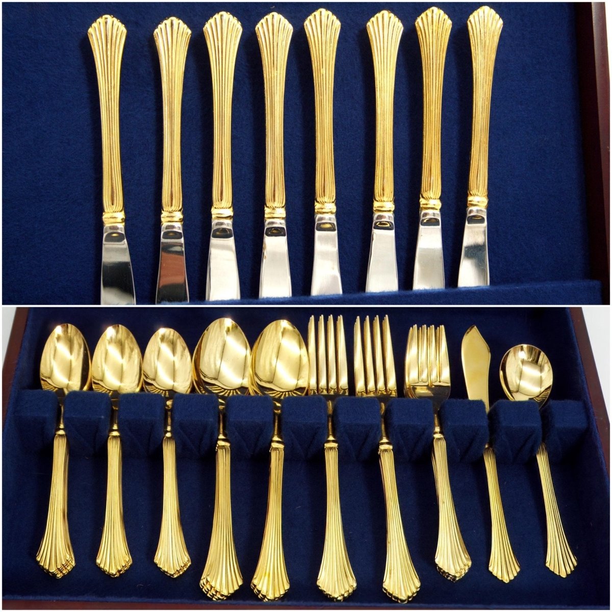 Home Concepts Vintage 24K Gold Plated Flatware Set Golden Cannes Gold Silverware Set for 8 Art Deco Hollywood Regency Coastal 50th Anniversary Gift - Goldplated Flatware ClassyTea