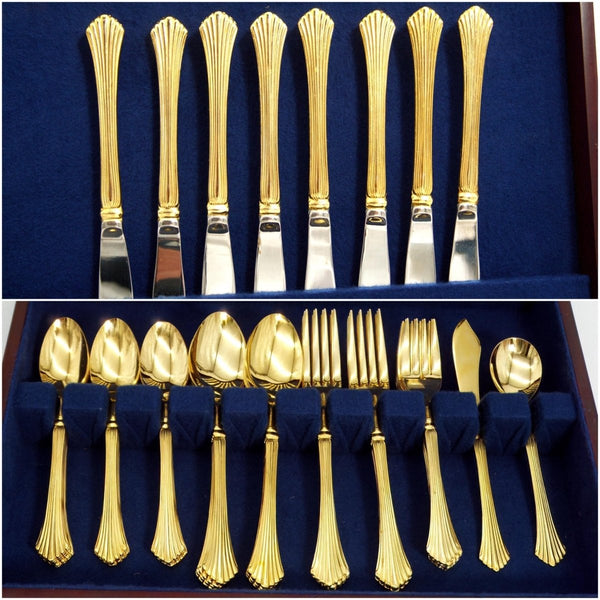 Home Concepts Vintage 24K Gold Plated Flatware Set Golden Cannes Gold Silverware Set for 8 Art Deco Hollywood Regency Coastal 50th Anniversary Gift - Goldplated Flatware ClassyTea
