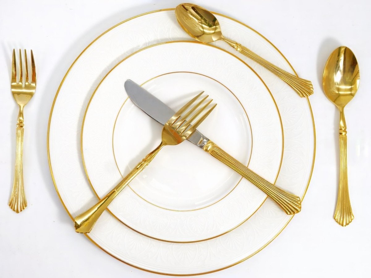 Home Concepts Vintage 24K Gold Plated Flatware Set Golden Cannes Gold Silverware Set for 8 Art Deco Hollywood Regency Coastal 50th Anniversary Gift - Goldplated Flatware ClassyTea