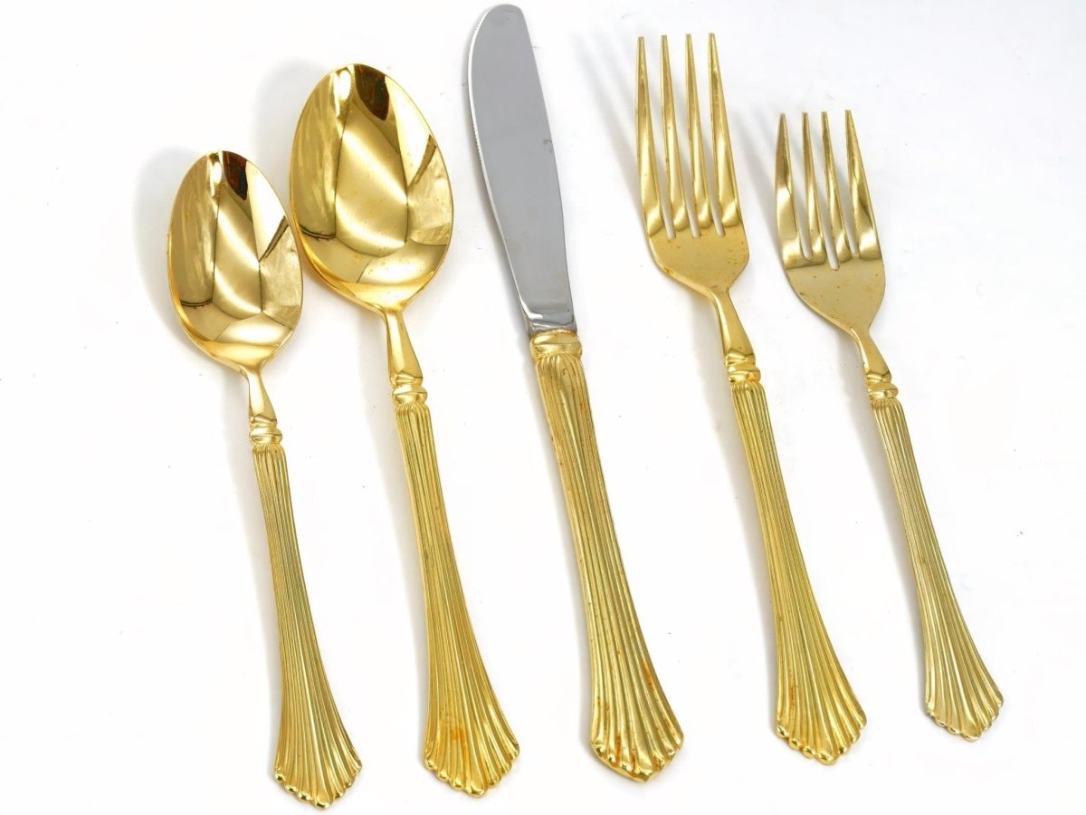 Home Concepts Vintage 24K Gold Plated Flatware Set Golden Cannes Gold Silverware Set for 8 Art Deco Hollywood Regency Coastal 50th Anniversary Gift - Goldplated Flatware ClassyTea