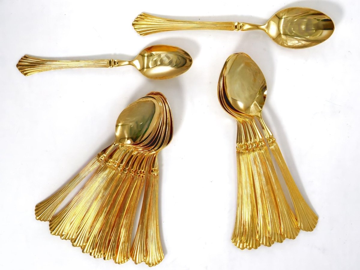 Home Concepts Vintage 24K Gold Plated Flatware Set Golden Cannes Gold Silverware Set for 8 Art Deco Hollywood Regency Coastal 50th Anniversary Gift - Goldplated Flatware ClassyTea