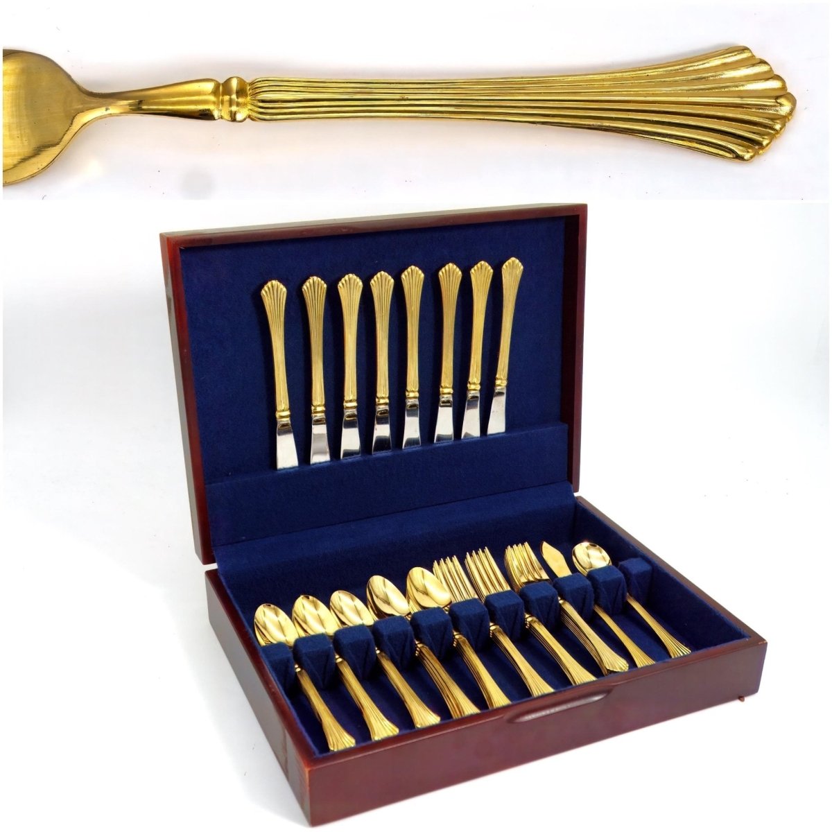Home Concepts Vintage 24K Gold Plated Flatware Set Golden Cannes Gold Silverware Set for 8 Art Deco Hollywood Regency Coastal 50th Anniversary Gift - Goldplated Flatware ClassyTea