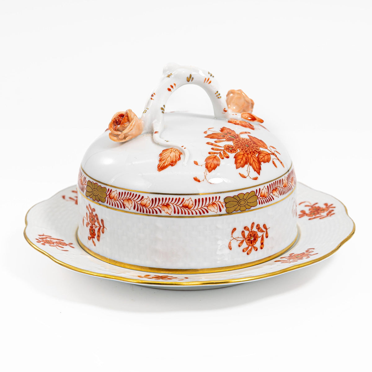 Herend "Chinese Bouquet Rust" Covered Butter Dish w/ Rose Handle