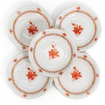 Herend "Chinese Bouquet Rust" Soup Bowl Set For 8