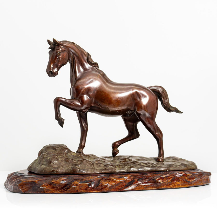 Chinese Bronze Prancing Stallion (14") Sculpture on Wood Base | Vintage Bronze