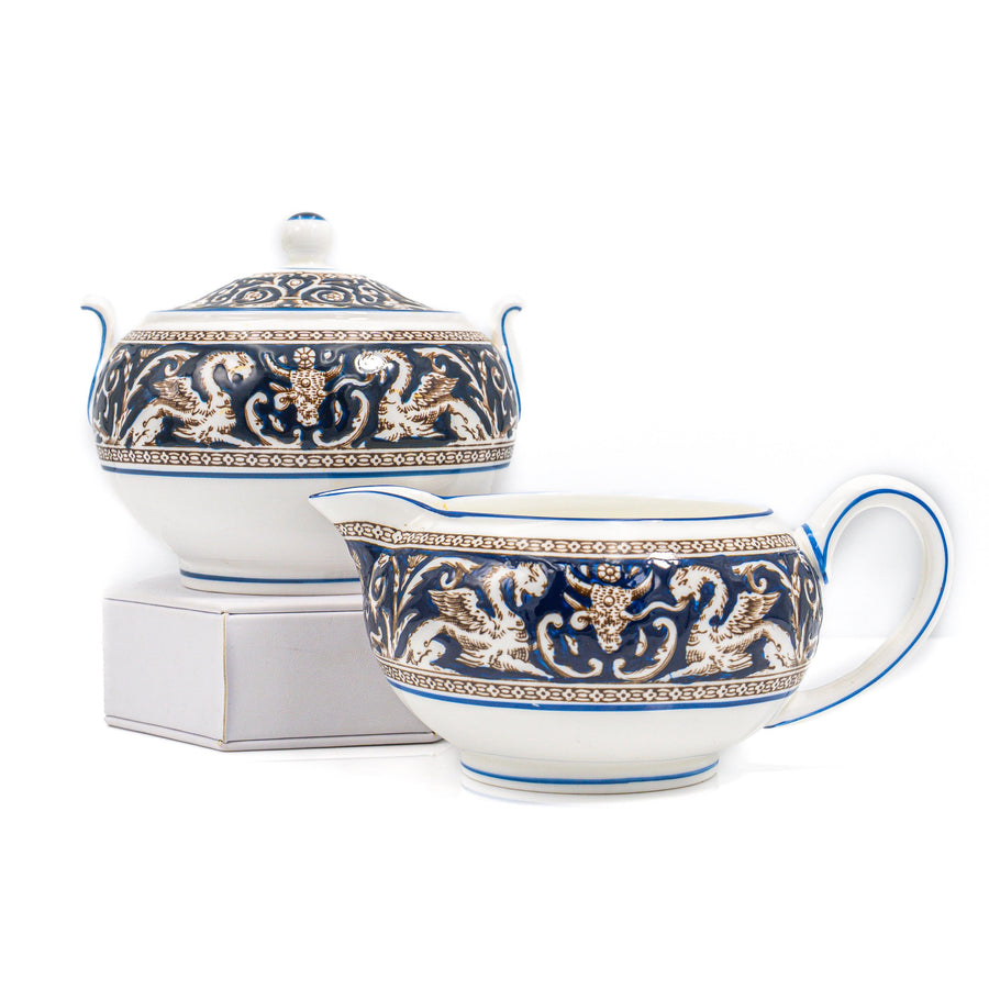 Wedgwood Florentine Dark Blue Globe Cream & Sugar (6") Set | Vintage Bone China