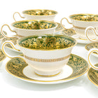 Wedgwood Florentine Dark Green Teacups and Saucers Set of 4 - Vintage English Bone China Peony Shape (W4170)