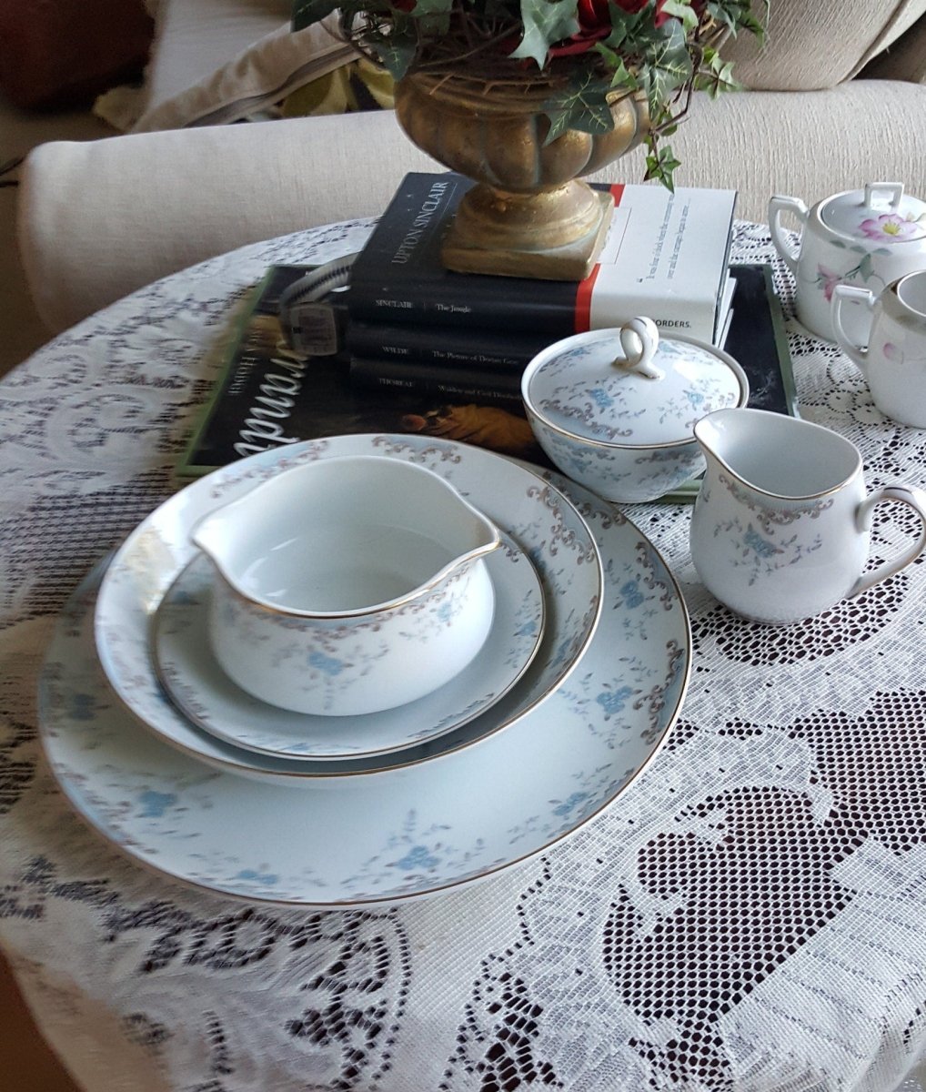 Imperial China Hostess Serving 5 Piece China Set Imperial China W Dalton Seville Pattern Light Blue Flowers on White Gold Trim Luxury Wedding Dinnerware - Serving Set ClassyTea