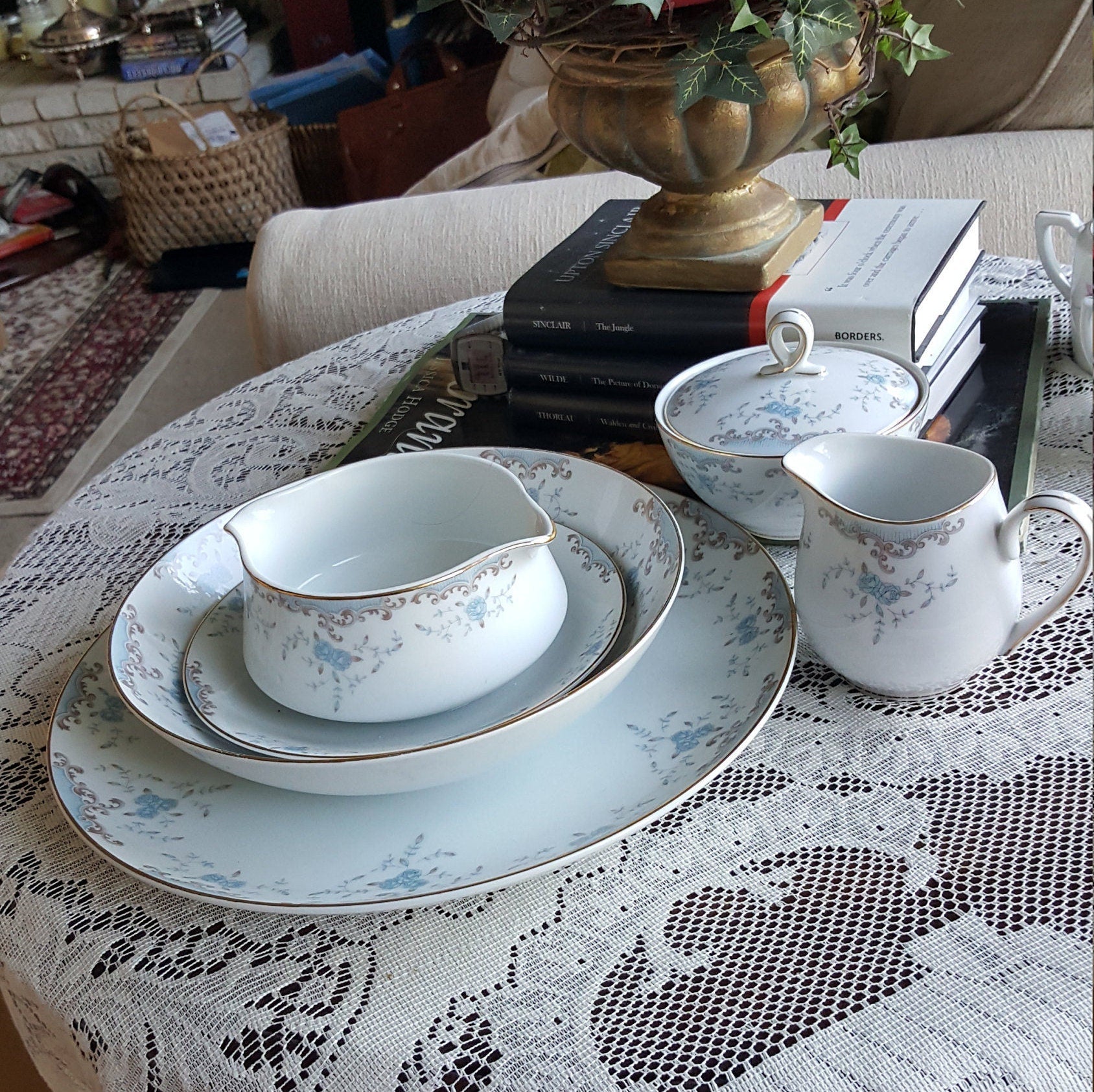 Imperial China Hostess Serving 5 Piece China Set Imperial China W Dalton Seville Pattern Light Blue Flowers on White Gold Trim Luxury Wedding Dinnerware - Serving Set ClassyTea