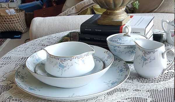 Imperial China Hostess Serving 5 Piece China Set Imperial China W Dalton Seville Pattern Light Blue Flowers on White Gold Trim Luxury Wedding Dinnerware - Serving Set ClassyTea