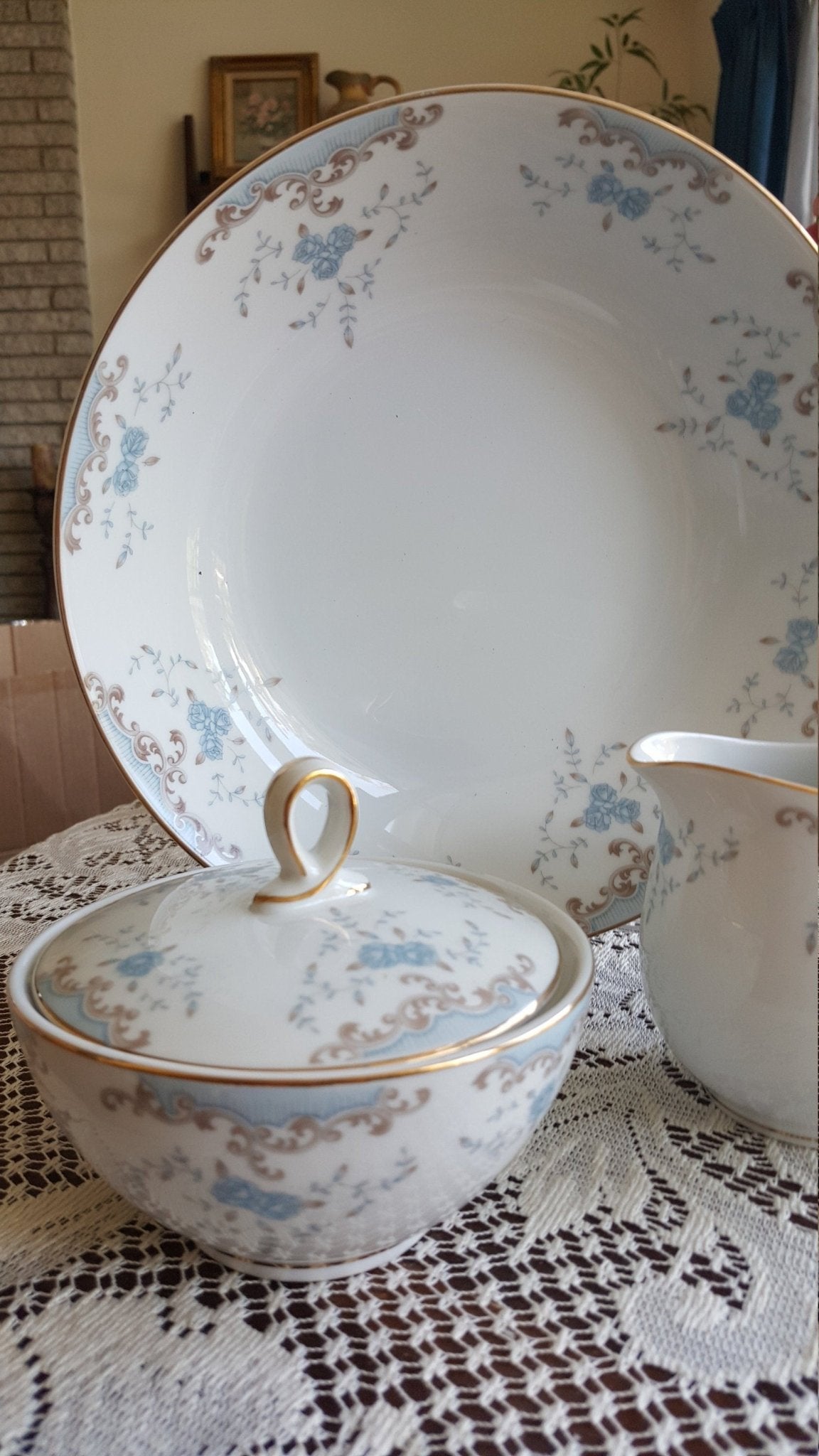 Imperial China Hostess Serving 5 Piece China Set Imperial China W Dalton Seville Pattern Light Blue Flowers on White Gold Trim Luxury Wedding Dinnerware - Serving Set ClassyTea