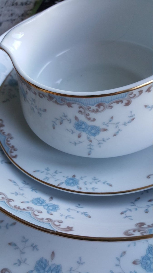 Imperial China Hostess Serving 5 Piece China Set Imperial China W Dalton Seville Pattern Light Blue Flowers on White Gold Trim Luxury Wedding Dinnerware - Serving Set ClassyTea
