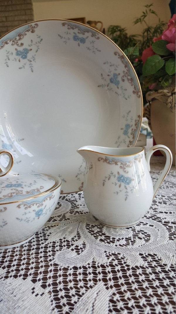 Imperial China Hostess Serving 5 Piece China Set Imperial China W Dalton Seville Pattern Light Blue Flowers on White Gold Trim Luxury Wedding Dinnerware - Serving Set ClassyTea