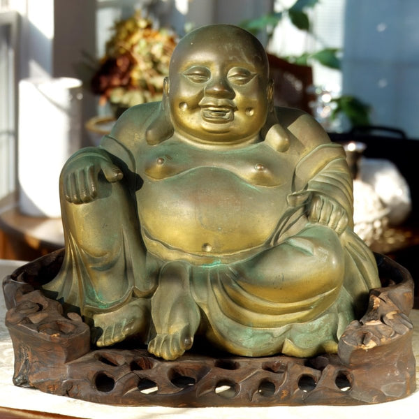 Independent Artisan Studio Large Bronze Laughing Buddha Statue For Asian Decor Feng Shui decor for Meditation Room Art for zen garden sculpture for entry way console - Bronze Sculpture ClassyTea