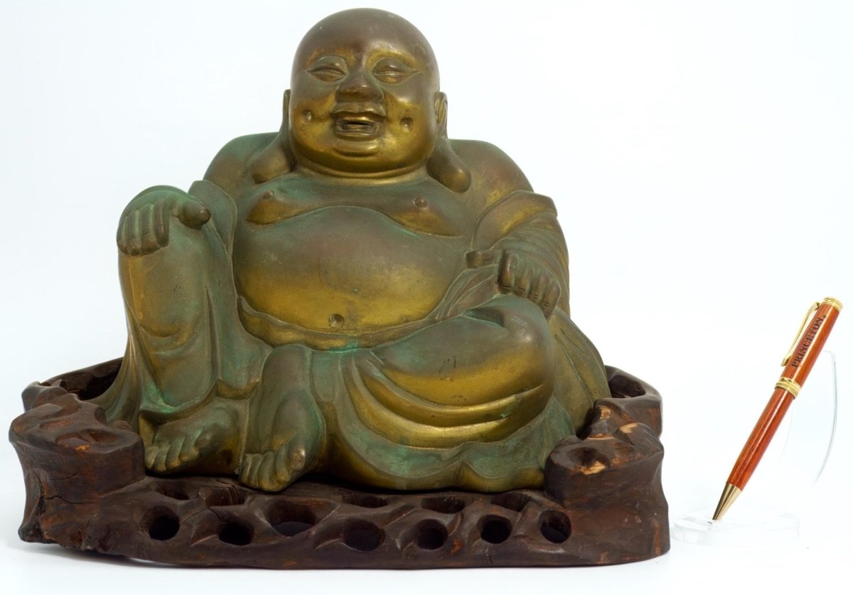 Laughing Buddha (12") Sculpture with Rosewood Base | Vintage Bronze