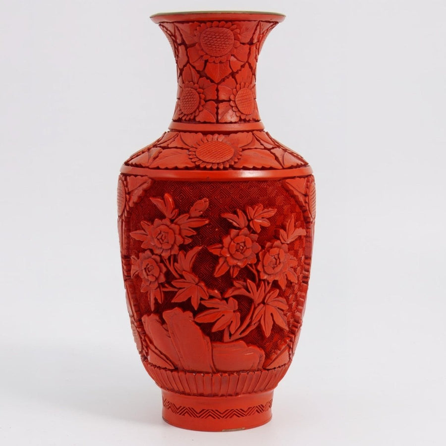 Red Cinnabar Vase (9"), Hand Carved Peonies | Vintage Cinnabar Lacquer