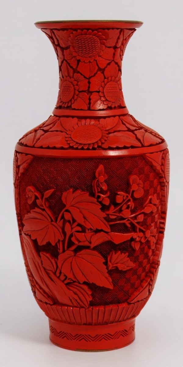 Independent Artisan Studio Red Chinese Cinnabar Vase | Carved Red Lacquer Asian Decor Antique Vintage Art Lunar New Year Gift Floral Enamel Japandi Art Nouveau Peonies - Cinnabar Vase ClassyTea