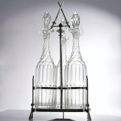 Independent Artisan Studio Hunting Lodge Decanter Set Silver Plate Shotgun Tantalus Italian Cut Crystal Rustic Barware Bourbon Lover Gift for Cabin or Man Cave - Glass Decanter ClassyTea