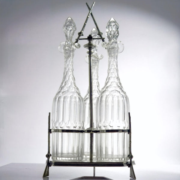 Independent Artisan Studio Hunting Lodge Decanter Set Silver Plate Shotgun Tantalus Italian Cut Crystal Rustic Barware Bourbon Lover Gift for Cabin or Man Cave - Glass Decanter ClassyTea