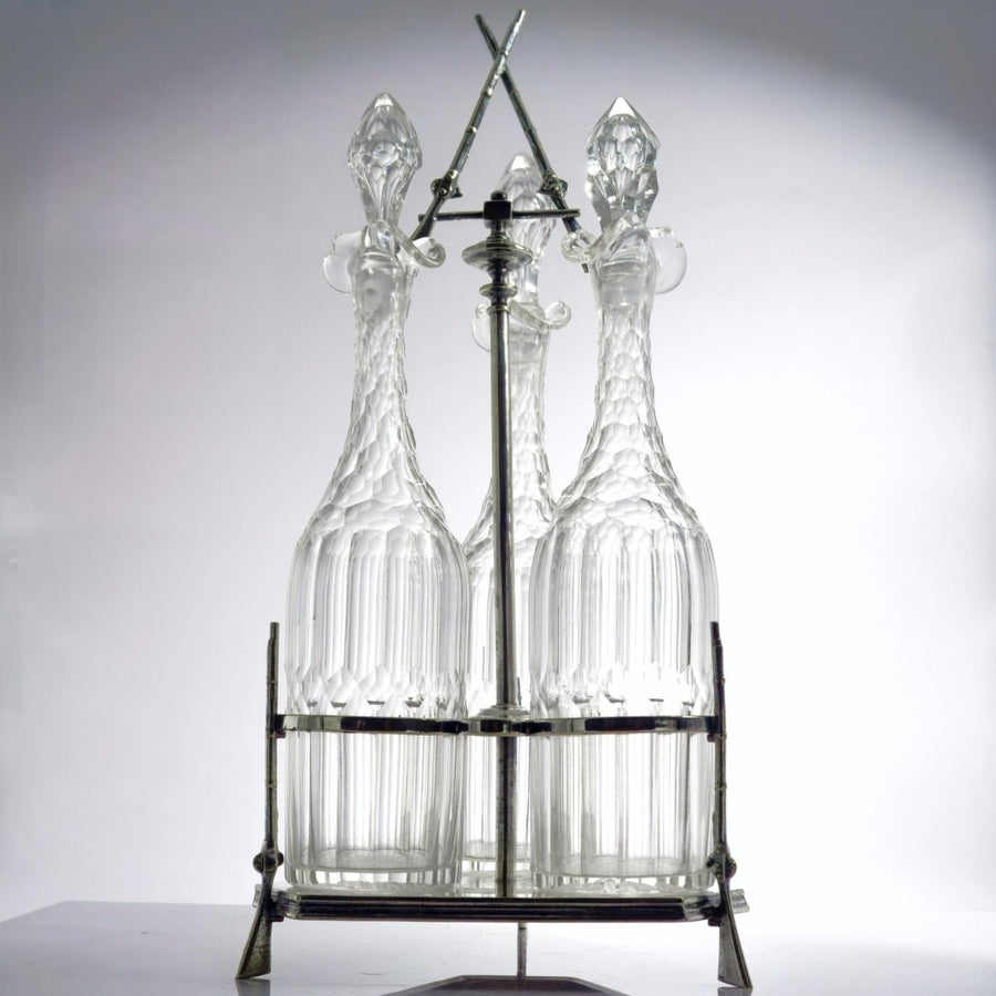 Crossed Shotgun Tantalus Stand with 3 Decanters (18") | Vintage Silver Plate