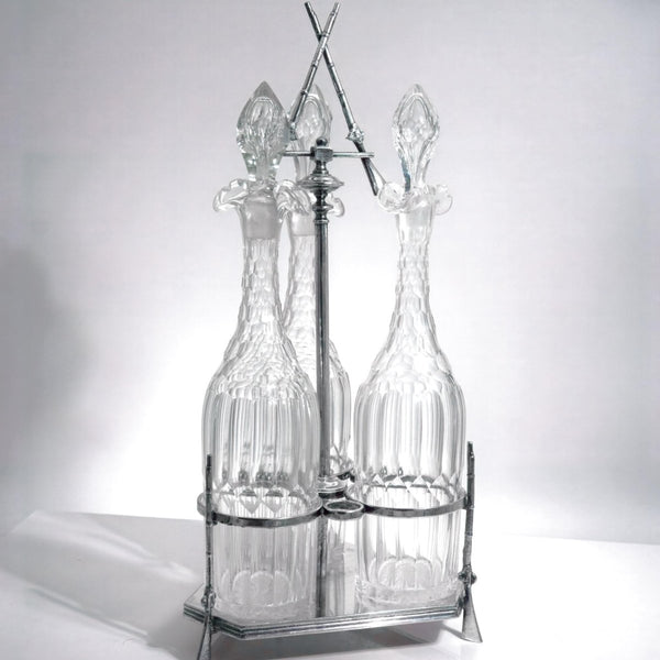 Independent Artisan Studio Hunting Lodge Decanter Set Silver Plate Shotgun Tantalus Italian Cut Crystal Rustic Barware Bourbon Lover Gift for Cabin or Man Cave - Glass Decanter ClassyTea