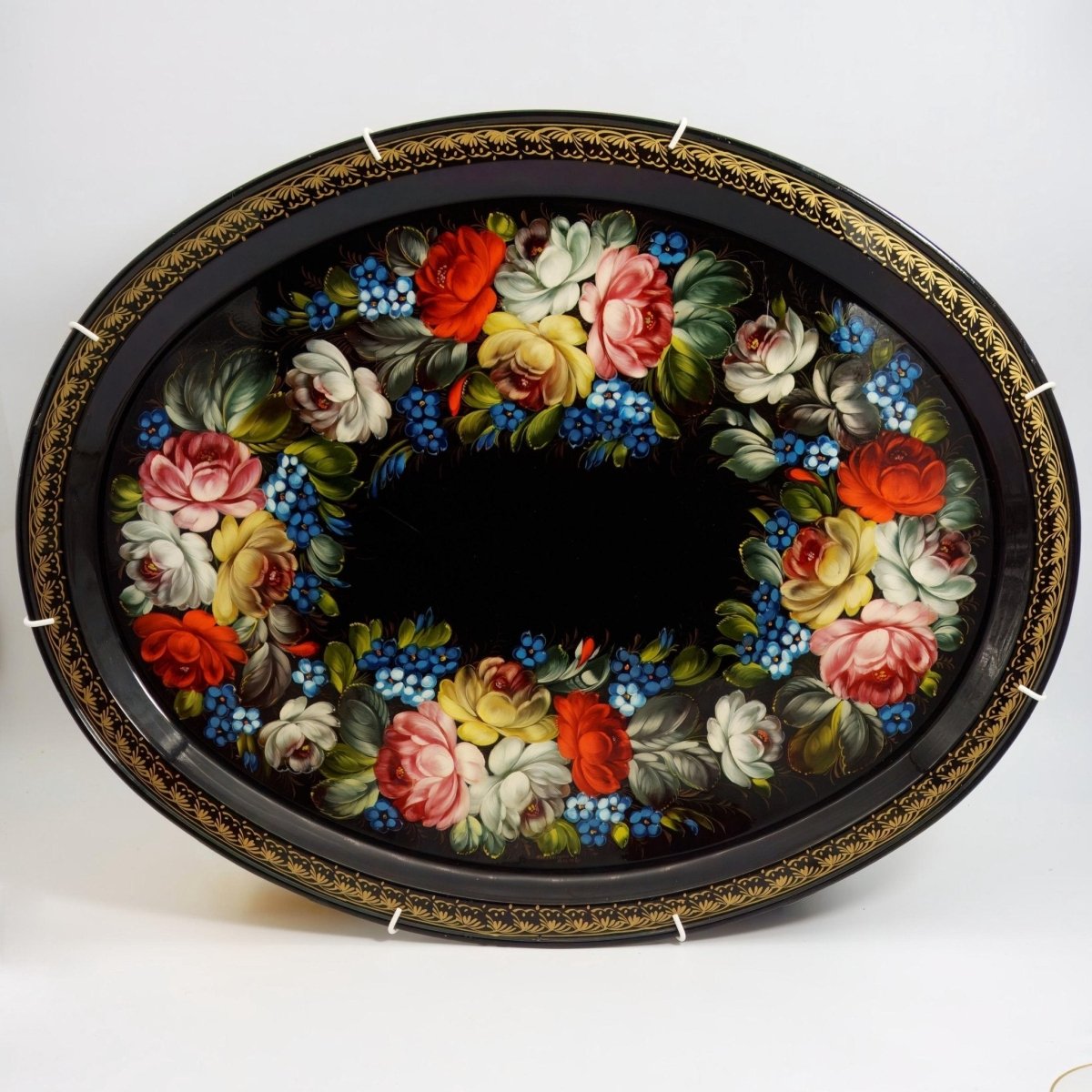 Independent Artisan Studio Soviet Era Extra Large Platter Decorative Wall Hanging Art Hand Painted Tray Floral Russian Folk Art Serving Vintage USSR Ukrainian Antique - Oval Serving Platter ClassyTea
