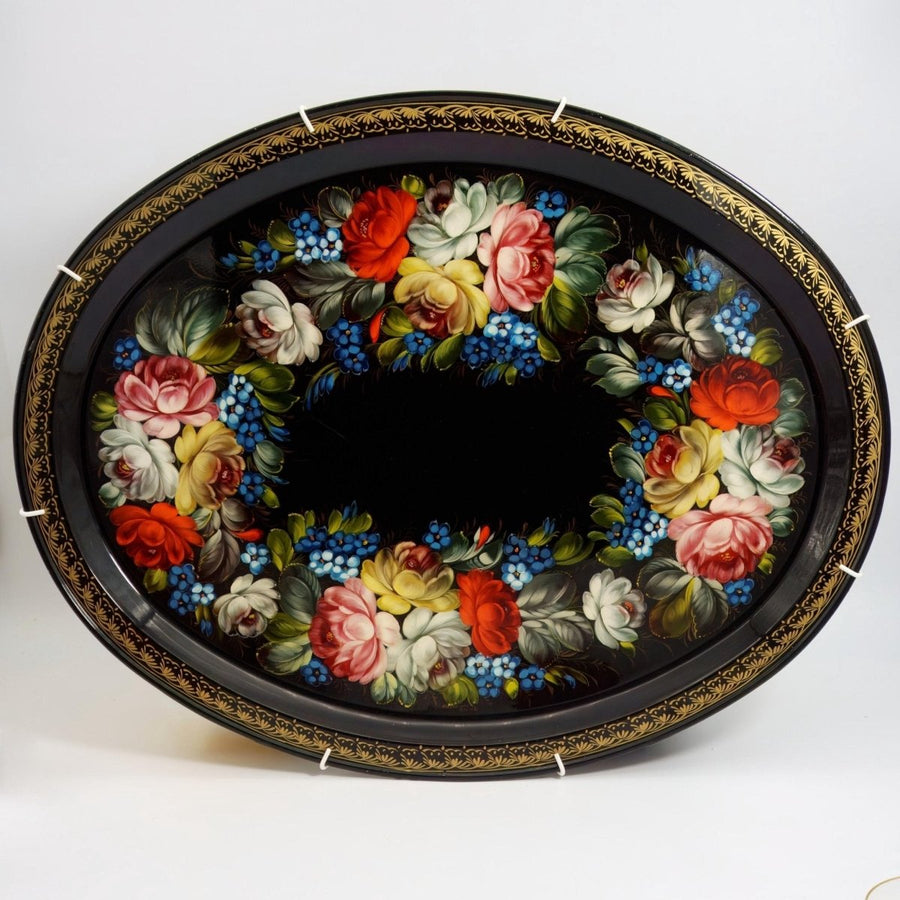 Zhostovo Floral Large Oval Serving Platter (26") | Vintage Lacquered Metal