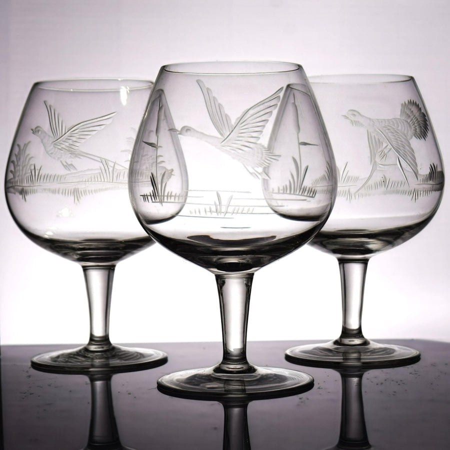 Hunting Birds Etched Snifter Glasses (5") Set of 5 | Vintage Etched Glass