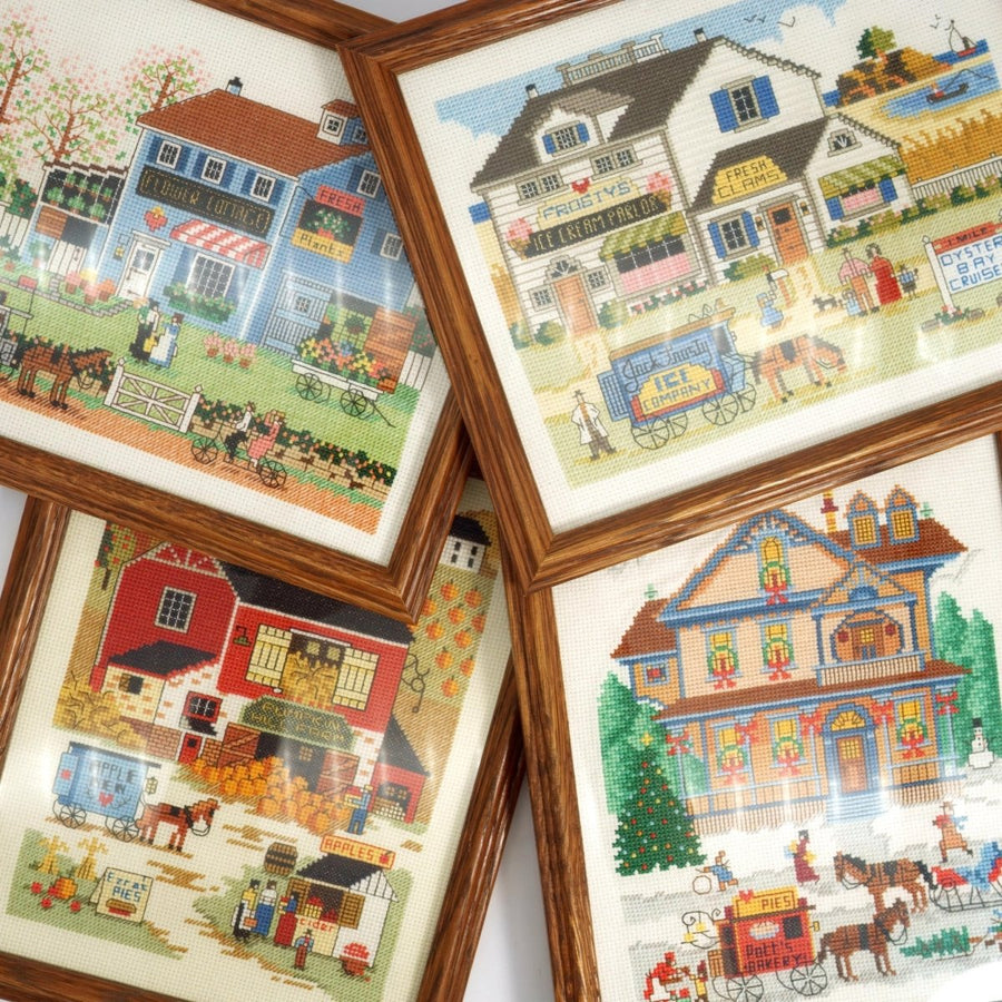Four Seasons Framed Cross Stitch Wall Art (11"), Set of 4 | Vintage Linen