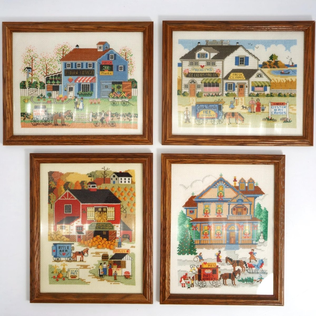 Independent Artisan Studio Vintage Cross Stitch Art Set of 4 Seasons Framed Embroidery Folk Art Farmhouse Wall Decor, For Shabby Chic Cottagecore Rustic Framed Art - Wall Art ClassyTea