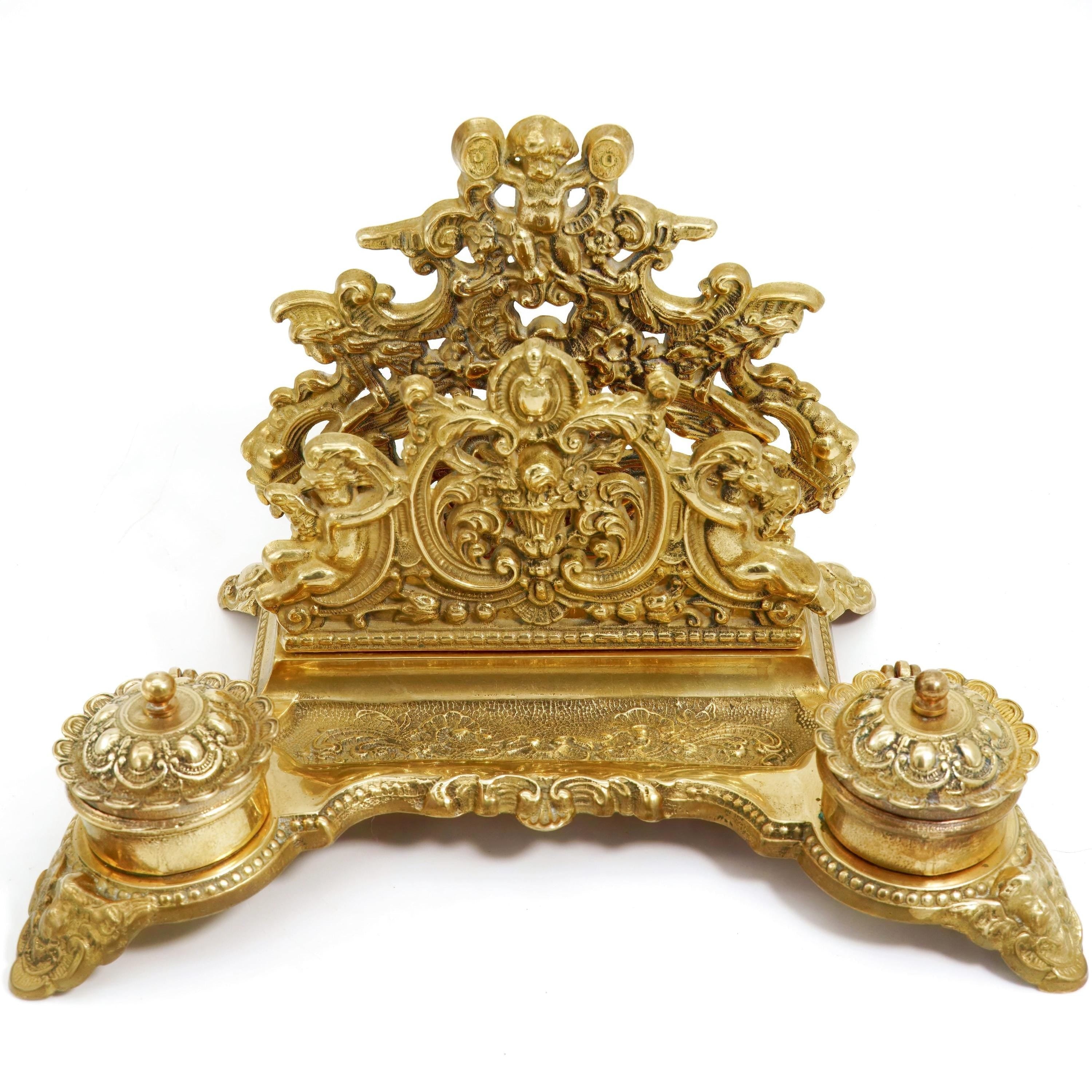Independent Artist Studio Italian Brass Desk Set w/ Dual Inkwells - Desk Set ClassyTea