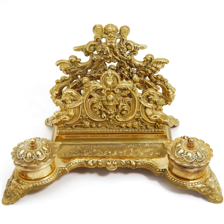 Italian Brass Desk Set with Dual Inkwells (12") | Vintage Solid Brass