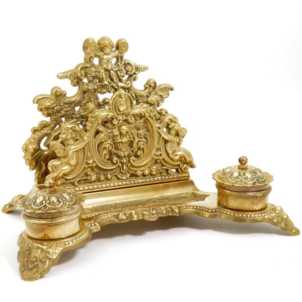 Independent Artist Studio Italian Brass Desk Set w/ Dual Inkwells - Desk Set ClassyTea