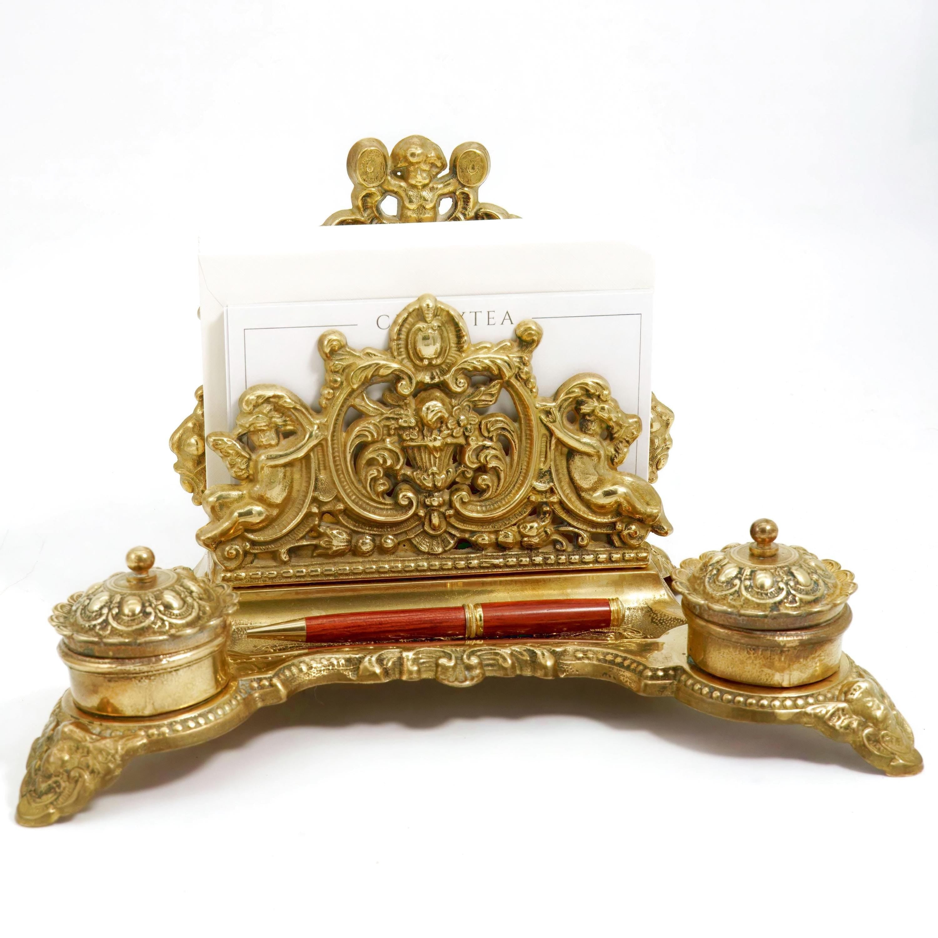 Independent Artist Studio Italian Brass Desk Set w/ Dual Inkwells - Desk Set ClassyTea