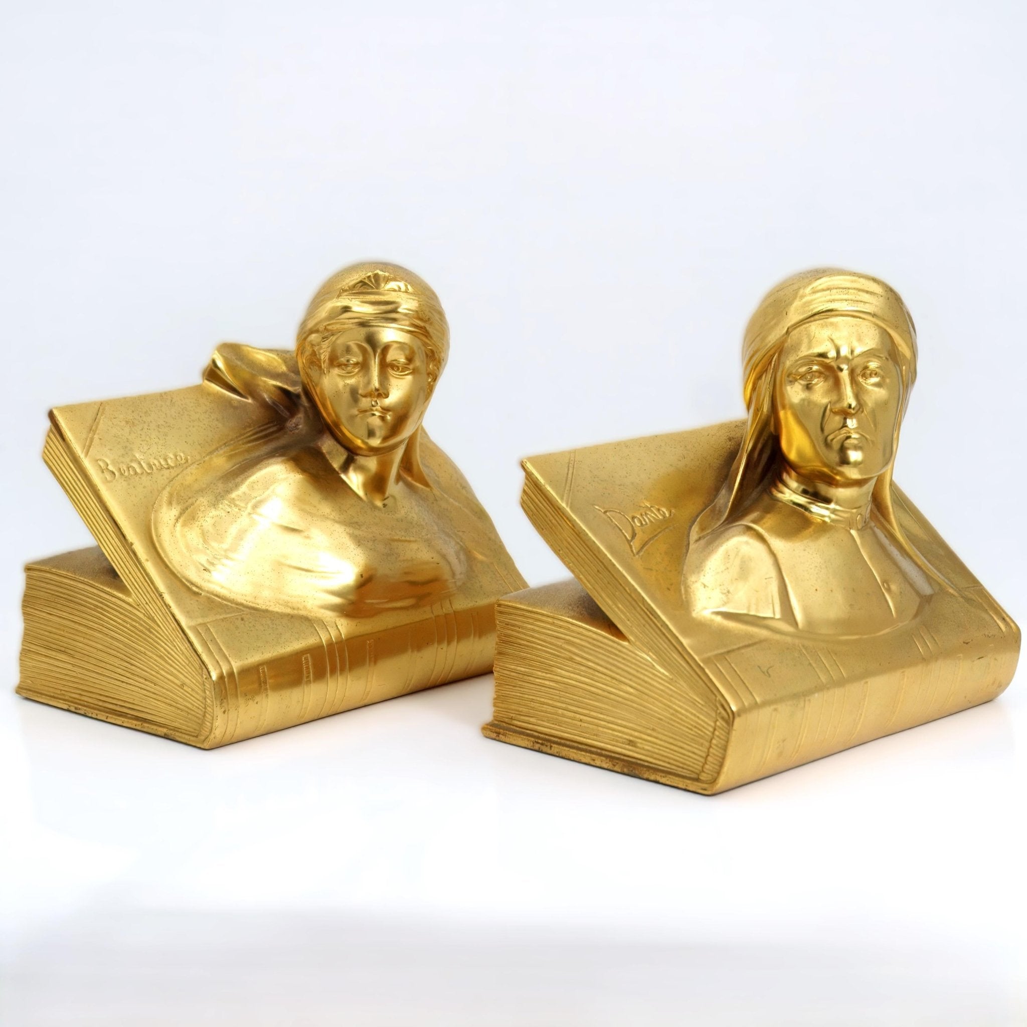 Jennings Brothers 1910s Antique Gold Toned Bookends | Jennings Brothers Dantes Inferno & Beatrice Brass Art Deco Bookend Art Nouveau Library Dark Academia 20s - Metal Bookends ClassyTea