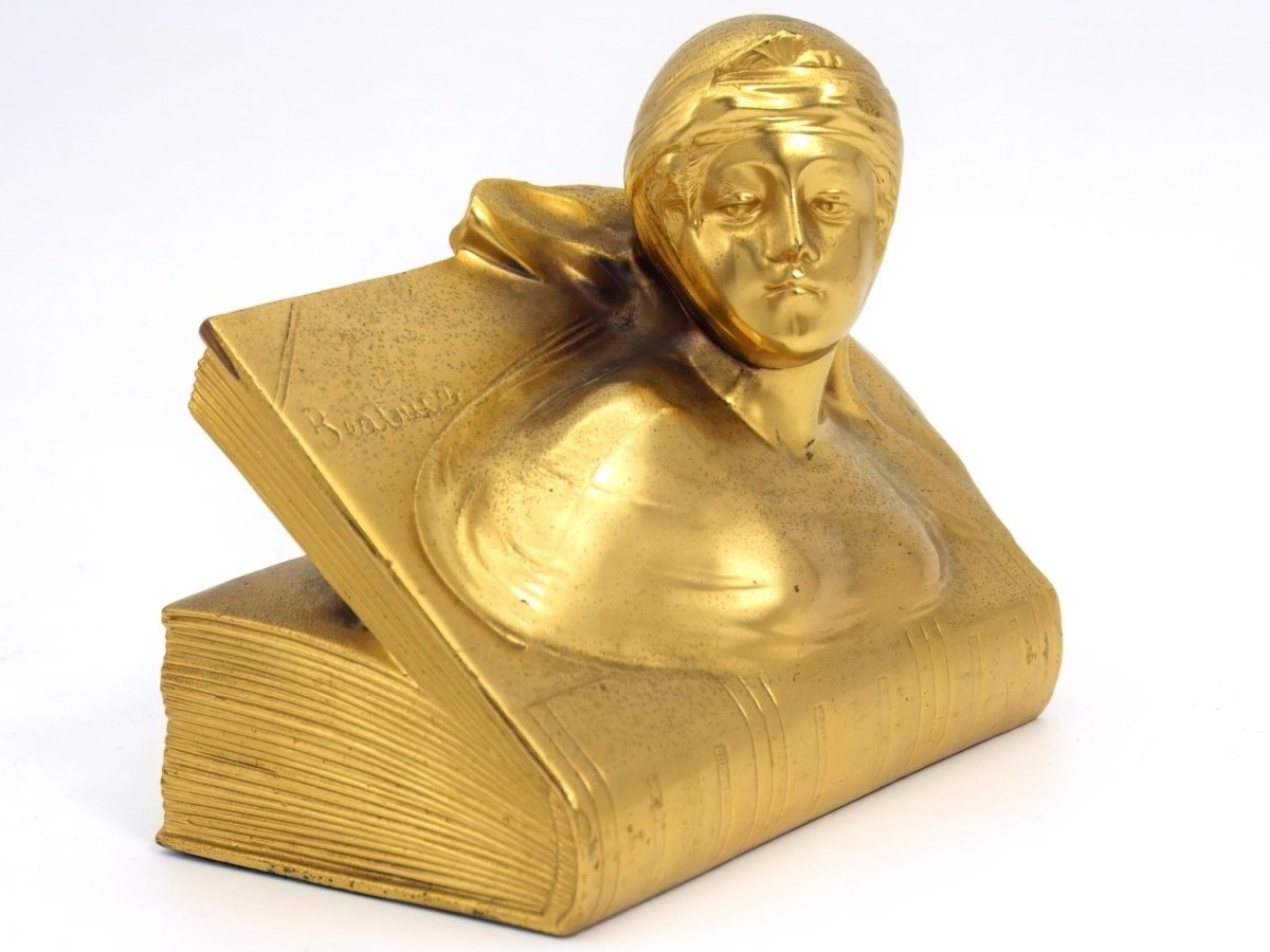 Jennings Brothers 1910s Antique Gold Toned Bookends | Jennings Brothers Dantes Inferno & Beatrice Brass Art Deco Bookend Art Nouveau Library Dark Academia 20s - Metal Bookends ClassyTea