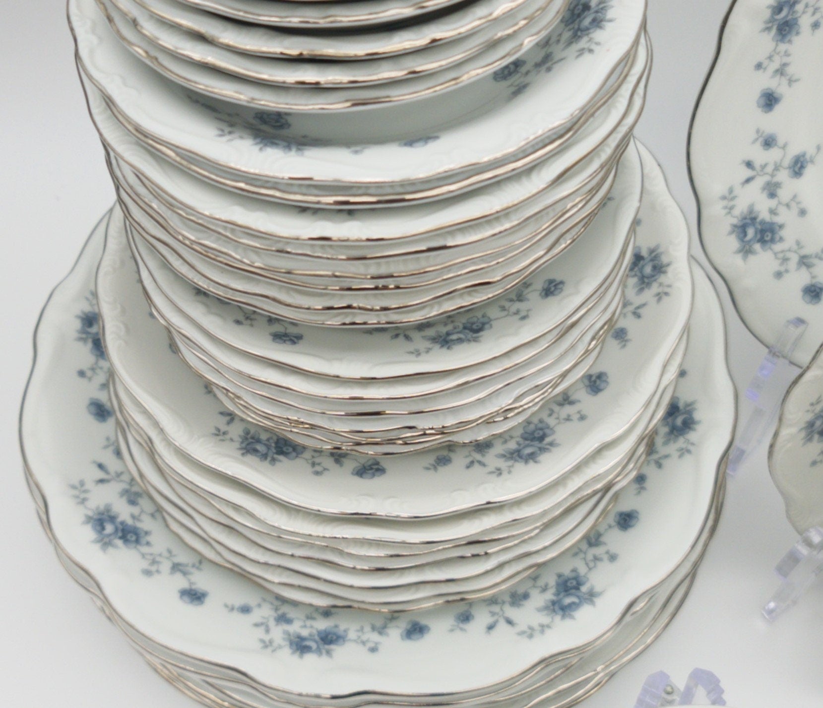 Johann Haviland China Set for 8 Johann Haviland Blue Garland - 40 Piece, Light Blue Flowers with Platinum Trim, Bavarian china, German - China Set ClassyTea