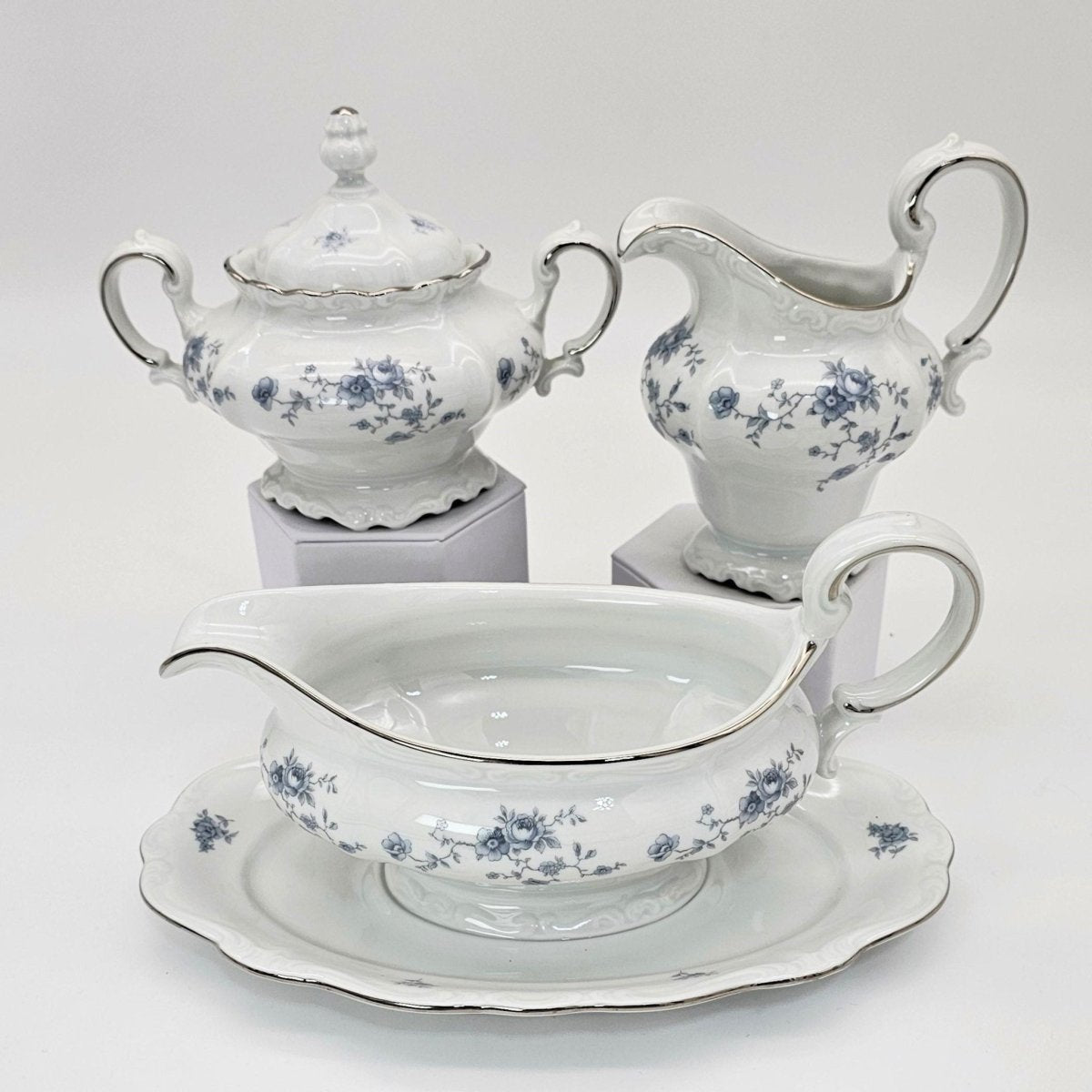Johann Haviland Johann Haviland Blue Garland Creamer, Lidded Sugar Bowl, and Gravy Boat Set – Bavaria Backstamp Blue Floral Elegance Thanksgiving - Serving Set ClassyTea