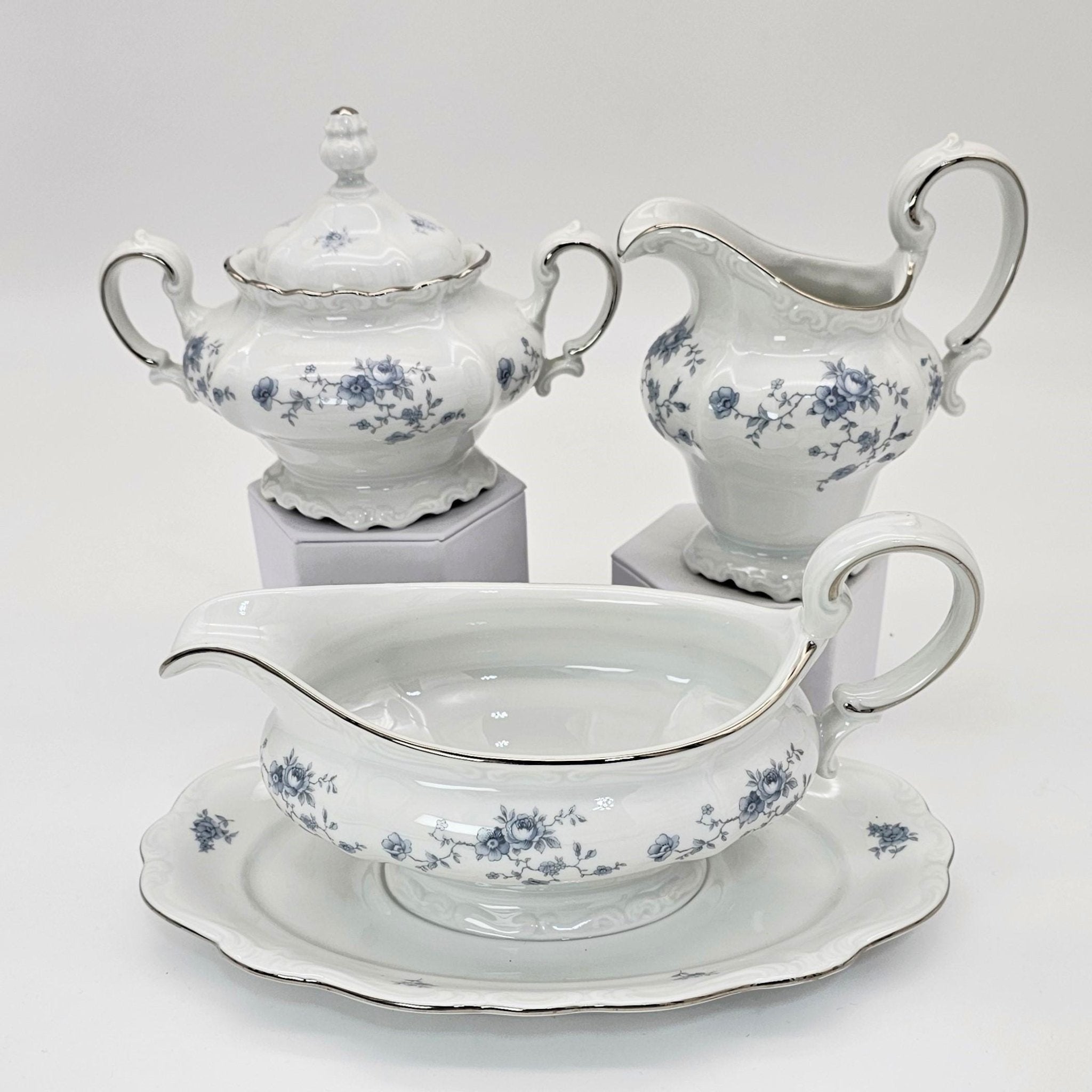 Johann Haviland Johann Haviland Blue Garland Creamer, Lidded Sugar Bowl, and Gravy Boat Set – Bavaria Backstamp Blue Floral Elegance Thanksgiving - Serving Set ClassyTea
