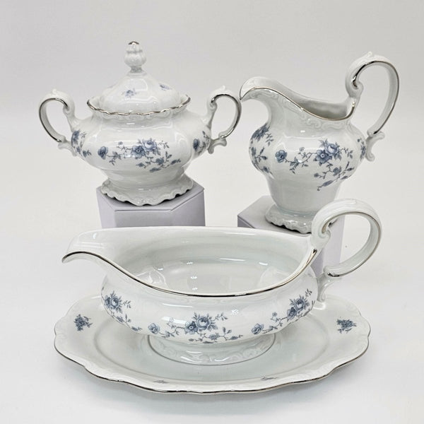 Johann Haviland Johann Haviland Blue Garland Creamer, Lidded Sugar Bowl, and Gravy Boat Set – Bavaria Backstamp Blue Floral Elegance Thanksgiving - Serving Set ClassyTea